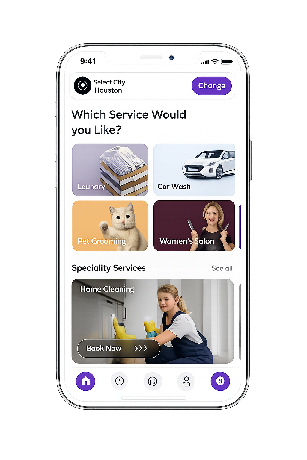 Service category selection concept with image tiles and a featured booking card