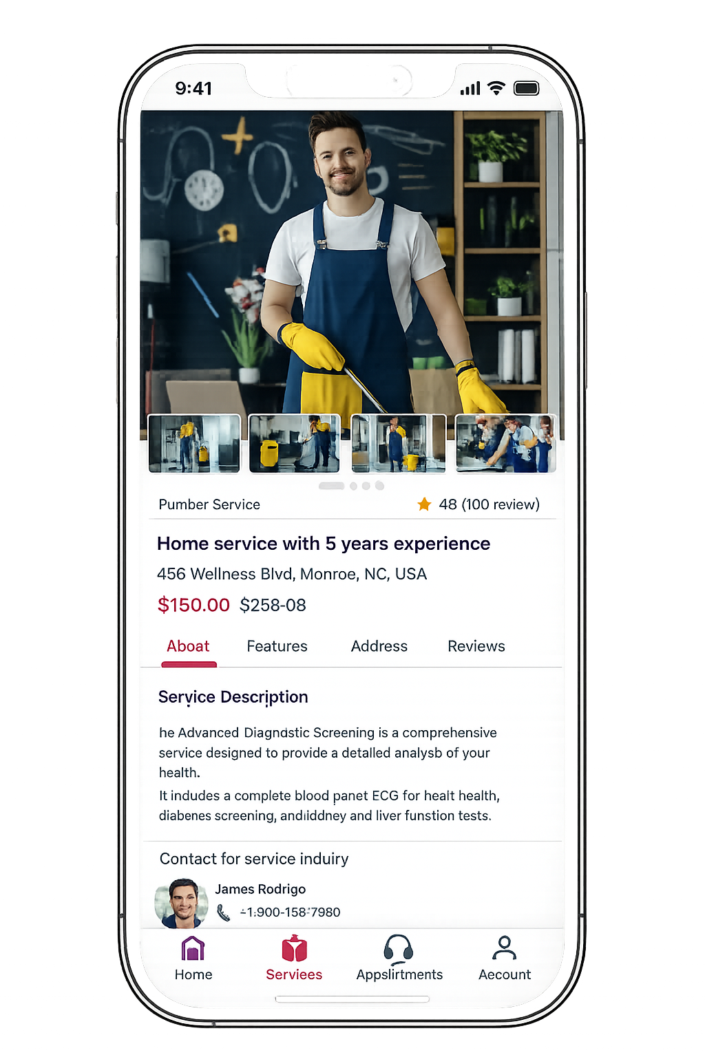 Service provider detail concept with hero photo, gallery, pricing, and contact